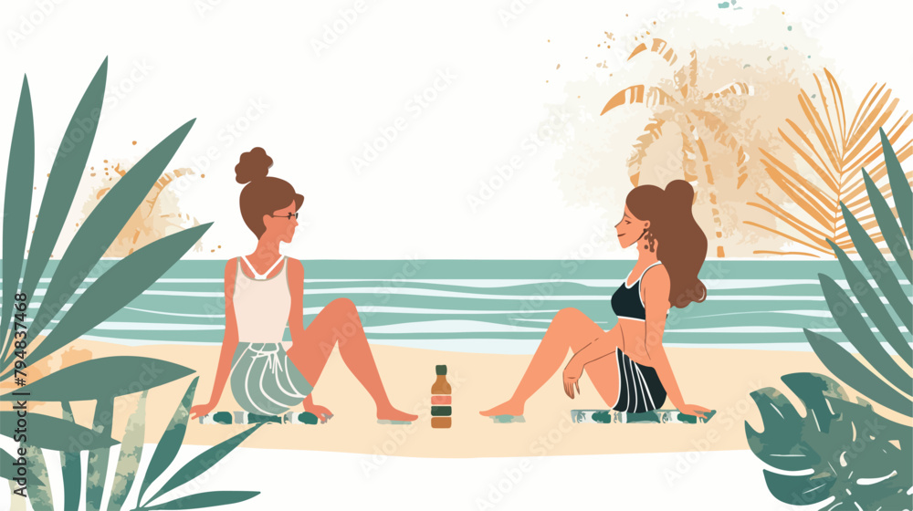 Two happy women sitting on the promenade with beach w
