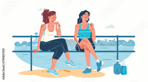 Two happy women sitting on the promenade with beach w