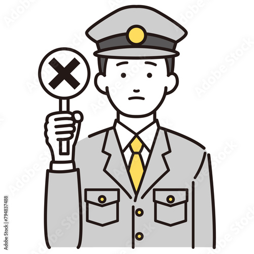 バツの札をあげる警察官イラスト