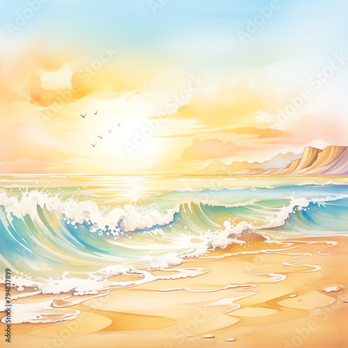 Golden hour at the beach, waves gently lapping the shore, warm tones highlighting a peaceful summer seascape