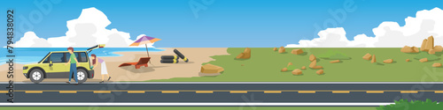 Cartoon vector or illustration of seaside beach tourism. SUV car with an open back and a couple packing up for a beachside getaway. Parking beside asphalt road. Road beside sand beach under blue sky.