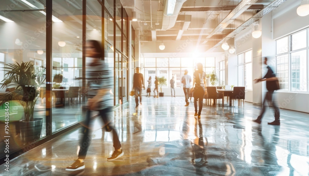 A busy office lobby with people walking around and a few potted plants A busy office lobby with people walking around and a few potted plants