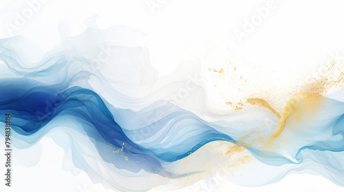 Modern watercolor background or elegant card design for birthday invite or wedding or menu with abstract blue ink waves and golden splashes on a white	 photo