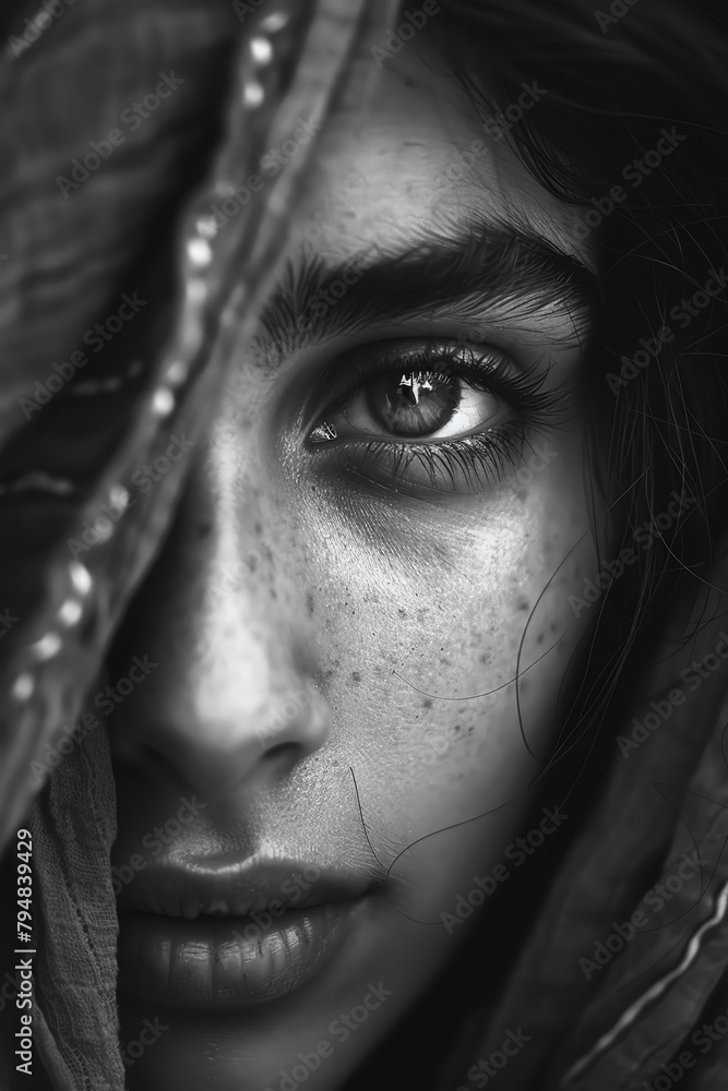 A black and white portrait of a beautiful young woman with freckles on her face and a scarf covering her head. A black and white portrait of a beautiful young woman with freckles on her face and a scarf covering her head.