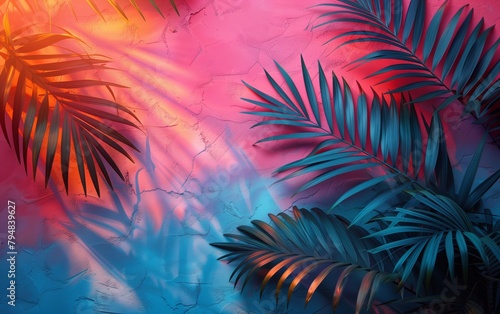 Tropical Palm Leaves on Neon Pink and Blue Background 