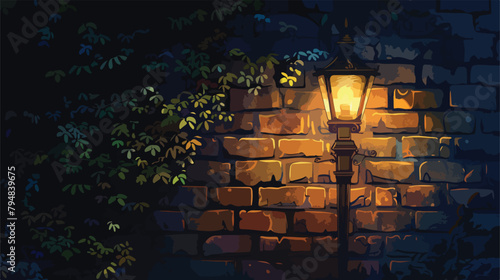 Vintage street lamp against a brick wall at night 