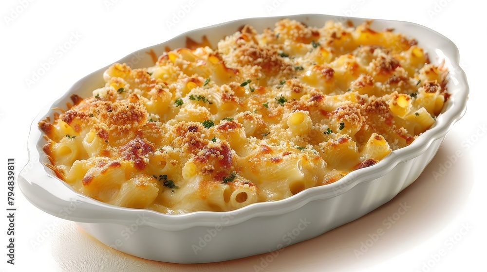 Inviting image of freshly baked, creamy macaroni and cheese, oozing with rich sauce, set against a clean, isolated background, studio lit Inviting image of freshly baked, creamy macaroni and cheese, oozing with rich sauce, set against a clean, isolated background, studio lit