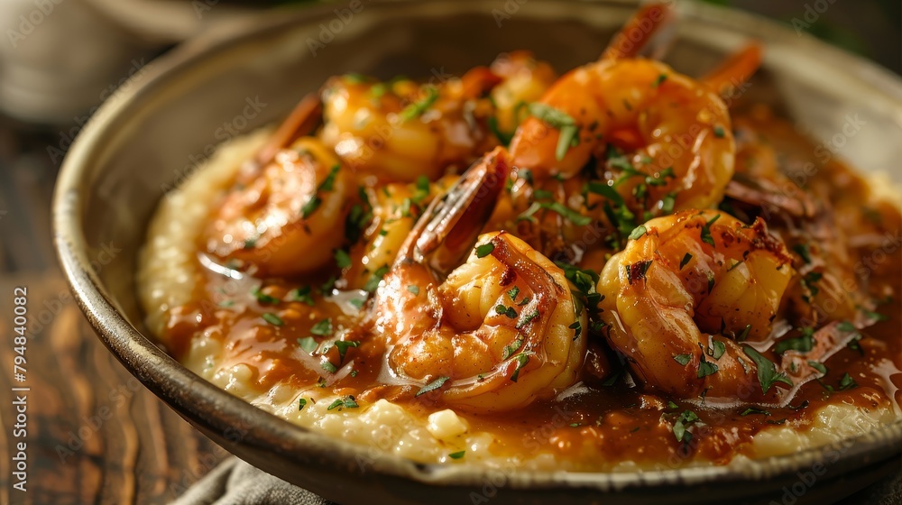 High-definition image of shrimp and grits, Southern comfort food, with creamy grits and succulent shrimp in a tantalizing sauce, studio-lit isolated background High-definition image of shrimp and grits, Southern comfort food, with creamy grits and succulent shrimp in a tantalizing sauce, studio-lit isolated background