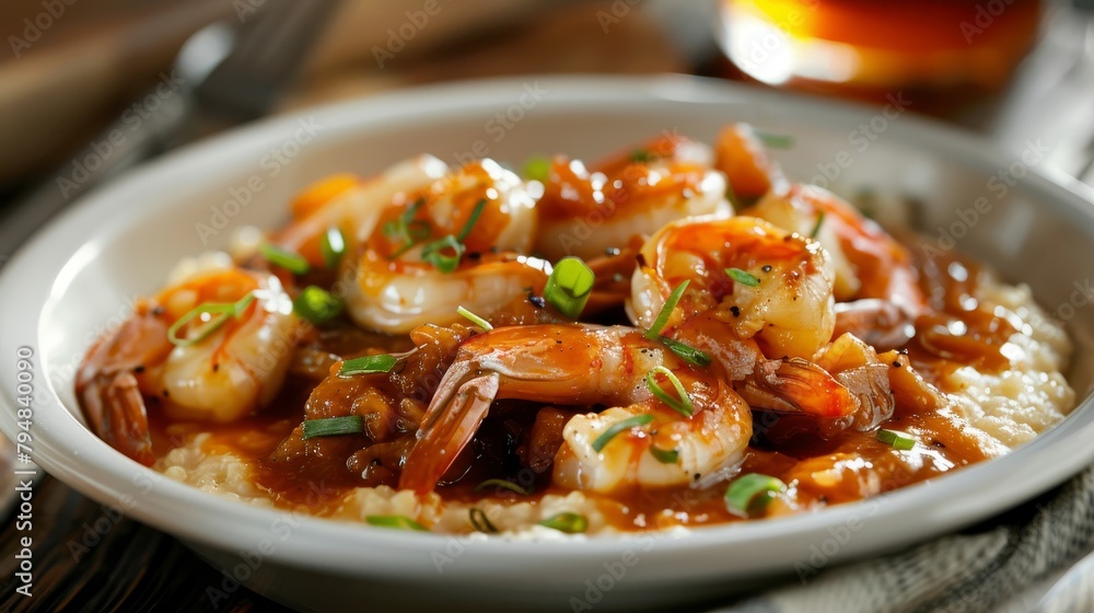 High-definition image of shrimp and grits, Southern comfort food, with creamy grits and succulent shrimp in a tantalizing sauce, studio-lit isolated background High-definition image of shrimp and grits, Southern comfort food, with creamy grits and succulent shrimp in a tantalizing sauce, studio-lit isolated background