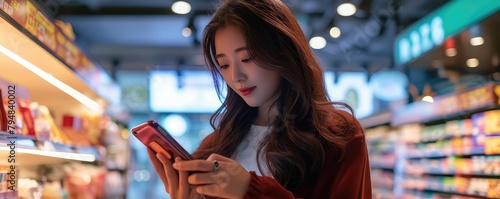 Woman using smartphone in grocery store