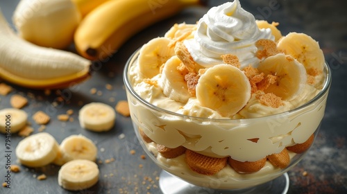 High-quality photo advertisement of Banana Pudding, Southern comfort in a bowl with layered wafers, bananas, and whipped cream, clean background