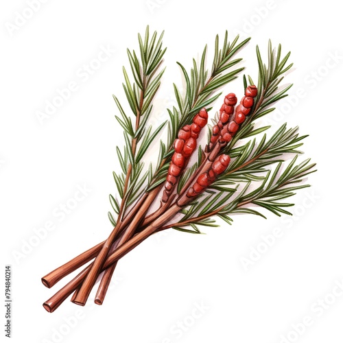 Rosemary twig with red berries isolated on white background. Watercolor illustration.