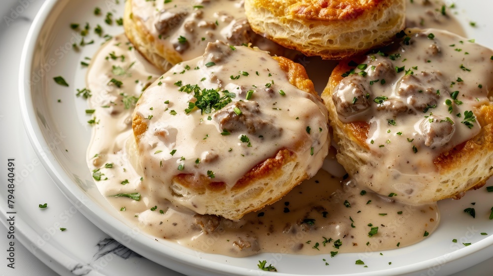 Gourmet top shot of biscuits and gravy, biscuits bathed in creamy sausage sauce, elegantly styled on a stark background, studio lighting Gourmet top shot of biscuits and gravy, biscuits bathed in creamy sausage sauce, elegantly styled on a stark background, studio lighting