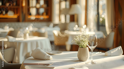 Fototapeta Naklejka Na Ścianę i Meble -  A serene restaurant scene with an elegant table setting, highlighted by the warm glow of ambient lighting.
