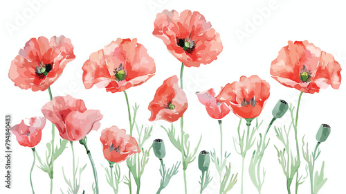 Watercolor painting red poppy flowers. Creative floral