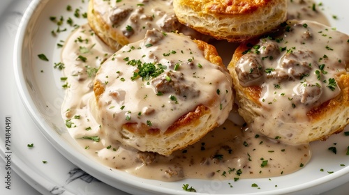 Gourmet top shot of biscuits and gravy, biscuits bathed in creamy sausage sauce, elegantly styled on a stark background, studio lighting