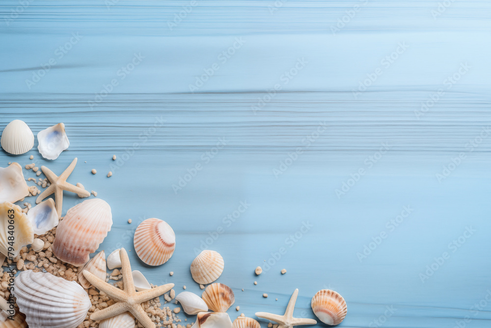 Seashells and starfish on a blue wooden background.