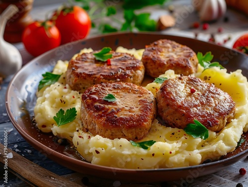 A plate of meatballs and mashed potatoes on a wooden table