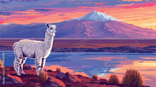 White alpacas on Laguna Colorada in Altiplano Bolivia