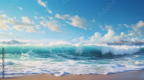 A panoramic view of a beach with multiple waves crashing against the shore, with the ocean stretching out into the distance.