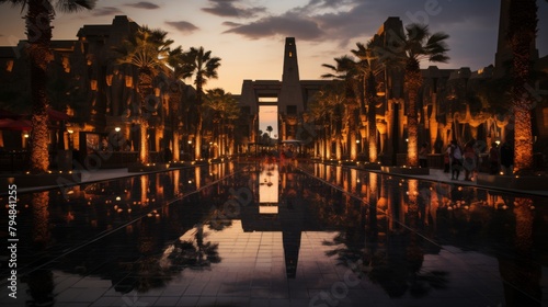 The obelisk of Egypt reflects in a tranquil pool, creating a breathtaking illusion of symmetry