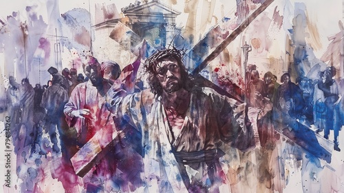 Jesus carrying the cross along the Via Dolorosa, rendered in powerful, expressive watercolor hues