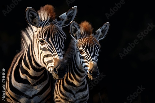Two zebras standing together on a black background