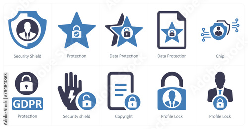A set of 10 gdpr icons as security shield, protection, data protection