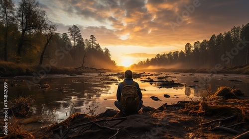 A man meditating on the shore of a parched lake. A man rests in the forest. © Danyilo