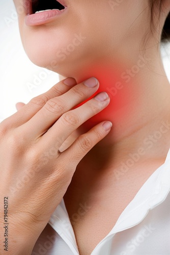 Person is experiencing a sore throat  depicting the discomfort and irritation of a throat ailment  medical attention for soothing relief and recovery  discomfort  colds disease virus bacteria