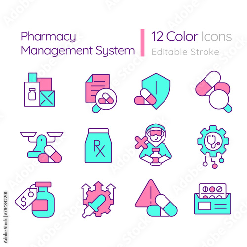 PMS system multi color concept icons. Regulatory compliance, industry standard. Drug labeling, pharmaceutical products. Icon pack. Vector images. Round shape illustrations. Abstract idea
