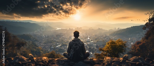 A young man meditates in silence away from the city. A person looks at how beautiful the world is. photo