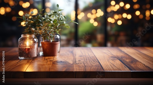 Dark wooden surface. An exquisite tree that reflects sunlight. Table interior. photo