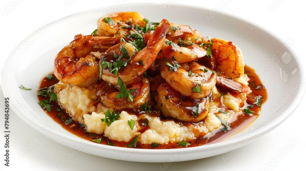 Gourmet Southern shrimp and grits, creamy buttery texture, topped with golden sauteed shrimp and rich sauce, isolated on white, studio lighting Gourmet Southern shrimp and grits, creamy buttery texture, topped with golden sauteed shrimp and rich sauce, isolated on white, studio lighting