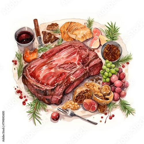 Hand drawn beef steak with spices and herbs. Vector illustration for restaurant menu.