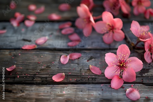 Soft Pink Peach Blossoms Scattered on Wooden Surface photo