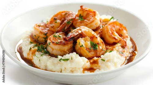 Gourmet Southern shrimp and grits, creamy buttery texture, topped with golden sauteed shrimp and rich sauce, isolated on white, studio lighting