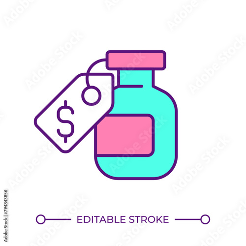 Drug pricing RGB color icon. Healthcare industry, medicine price. Medical pills bottle. Financial cost, price tag. Isolated vector illustration. Simple filled line drawing. Editable stroke