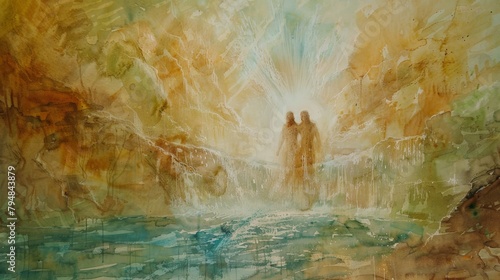 The baptism of Jesus by John the Baptist, depicted with subtle watercolor washes and divine light photo