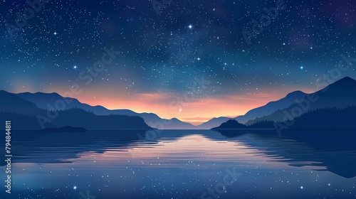 Night Sky: A peaceful illustration of the night sky over a calm lake
