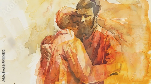 The parable of the prodigal son, rendered in forgiving and warm watercolor tones