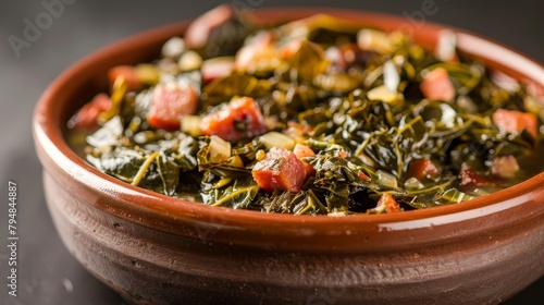 Gourmet shot of collard greens cooked with ham hocks and onions, a Southern comfort food classic, highlighted against an isolated background photo