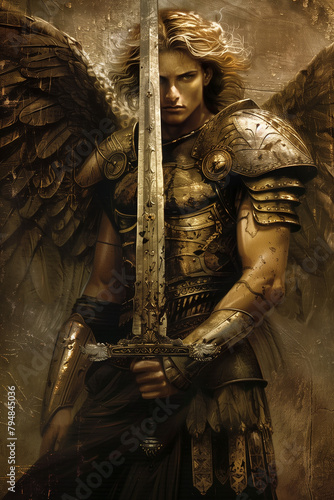 Archangel Saint Michael in a heroic pose holding his sword photo