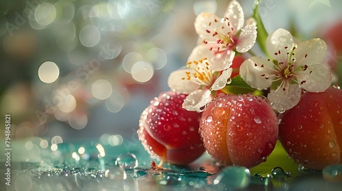 Luscious Plums and Peaches with Delicate Blossoms and Glistening Dewdrops