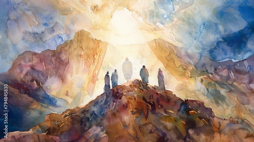 The Transfiguration of Jesus on the mountain, captured in radiant watercolor glows and ethereal light photo