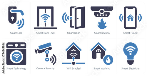 A set of 10 Smart Home icons as smart lock, smart door, lock, smart door