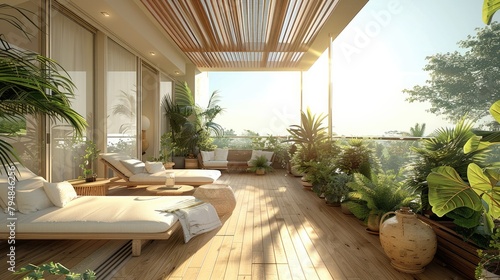 Plenty of sunshine balcony, big space. Generative AI. © visoot