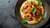 Exquisite top down photo of creamy grits and sauteed shrimp, dressed in a delectable sauce, ideal for culinary showcases, isolated background