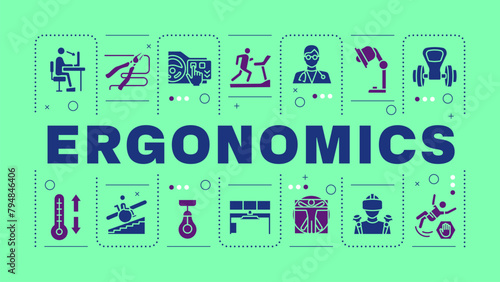 Ergonomics blue word concept. Product safety, comfort. Employee wellness, correct posture. Visual communication. Vector art with lettering text, editable glyph icons. Hubot Sans font used