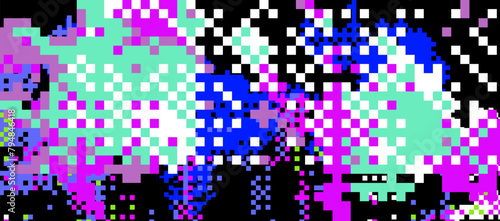 Bright vibrant neon background with pixel glitches and flickers. Concept vector illustration of a broken program code or malware damage. 